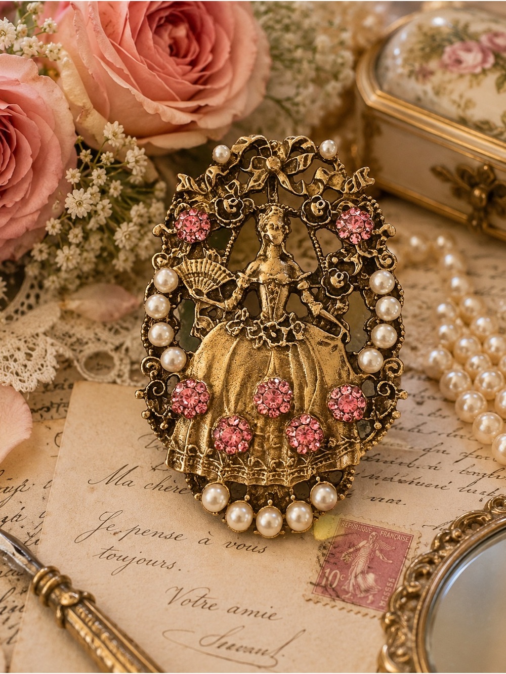 Vintage Victorian Lady Brooch with Faux Pearls & Pink Rhinestones - Picture 1 of 1